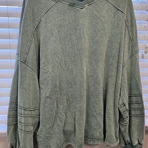 Washed Green V-Neck Pullover Sweatshirt